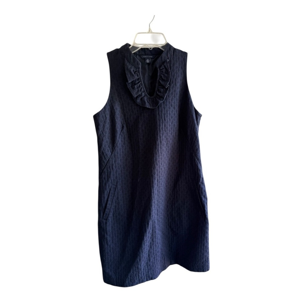 Preppy Tommy Hilfiger Dress Size 8 Navy Blue Ruffle Neck Textured Sleeveless